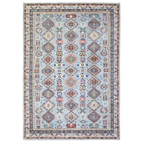 Silver Blue, Afghan Super Kazak with Repetitive Caucasian Gul Design, Natural Dyes Densely Woven, Organic Wool Hand Knotted, Oriental Rug