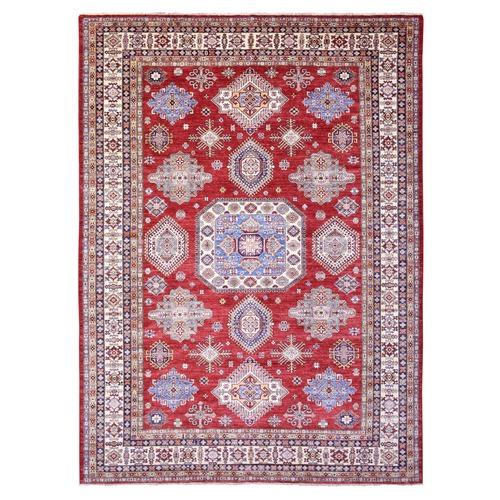 Tomato Red, Hand Knotted Afghan Super Kazak with Tribal Medallions Design, Natural Dyes Densely Weave Extra Soft Wool, Oriental Rug