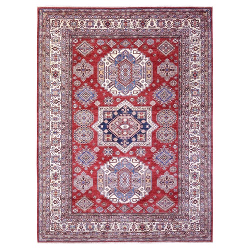 Rich Red, Hand Knotted Afghan Super Kazak with Tribal Medallions Design, Natural Dyes Densely Woven Velvety Wool, Oriental Rug