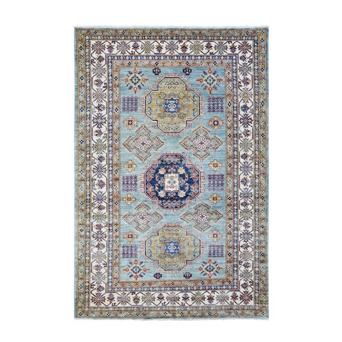Light Blue, Soft Wool Hand Knotted, Afghan Super Kazak with Large Medallions Design, Natural Dyes Densely Woven, Oriental Rug