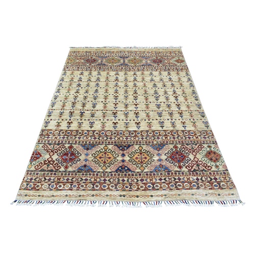 Taupe, Hand Knotted Afghan Super Kazak with Khorjin Design, Natural Dyes Dense Weave Pure Wool, Oriental Rug