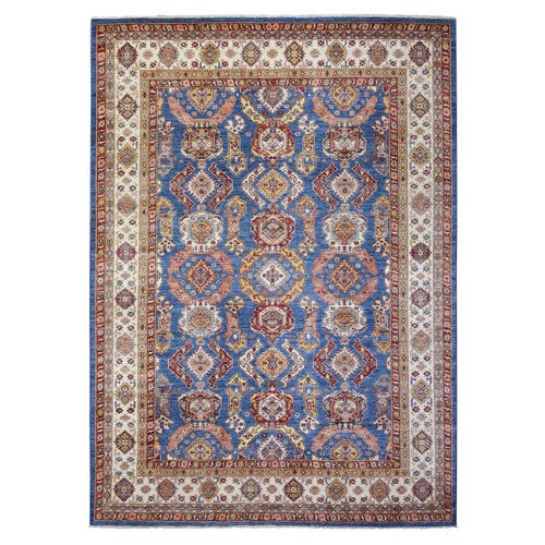 Denim Blue, Afghan Super Kazak with Geometric Medallions Design, Natural Dyes Densely Woven, Velvety Wool Hand Knotted, Oriental Rug