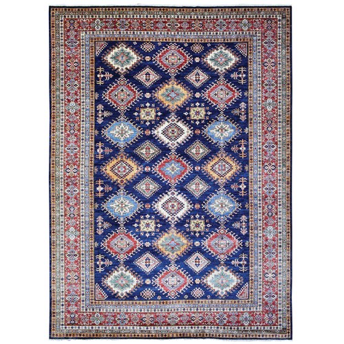 Navy Blue, Hand Knotted Afghan Super Kazak with Geometric Medallions Design, Natural Dyes Dense Weave Soft and Velvety Wool, Oriental Rug