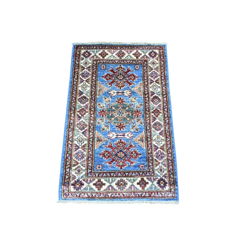 Light Blue, Hand Knotted Afghan Super Kazak with Tribal Design, Natural Dyes Densely Woven Organic Wool, Mat Oriental Rug