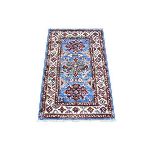 Denim Blue, Densely Woven Velvety Wool Hand Knotted, Afghan Super Kazak with Tribal Medallions Design Natural Dyes, Mat Oriental Rug