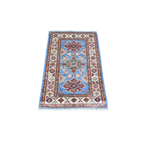 Light Blue, Hand Knotted Afghan Super Kazak with Tribal Design, Natural Dyes Densely Woven Soft Wool, Mat Oriental Rug