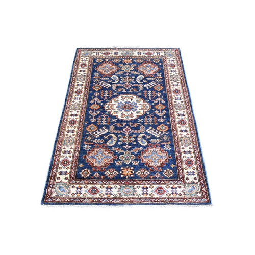 Navy Blue, Afghan Super Kazak with Geometric Design, Natural Dyes Densely Woven, Velvety Wool Hand Knotted, Oriental Rug