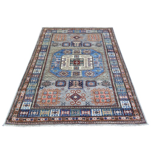 Light Gray, Dense Weave Soft and Velvety Wool Hand Knotted, Afghan Super Kazak with Large Medallion Design Natural Dyes, Oriental Rug