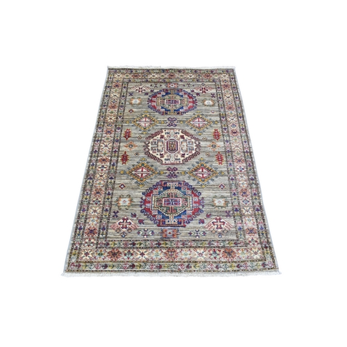 Taupe, Afghan Super Kazak with Large Medallions Design, Natural Dyes Dense Weave Pure Wool Hand Knotted, Oriental Rug