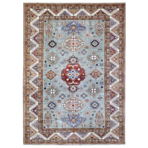 Gray, Velvety Wool Hand Knotted, Afghan Super Kazak with Geometric Design, Natural Dyes Densely Woven, Oriental Rug
