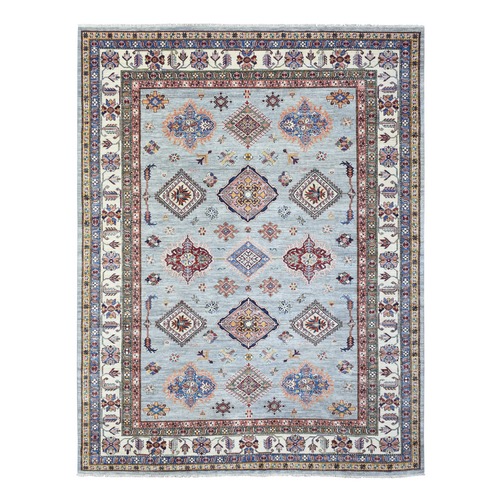 Light Gray, Soft Organic Wool Hand Knotted, Afghan Super Kazak with Geometric Design, Natural Dyes Densely Woven, Oriental 