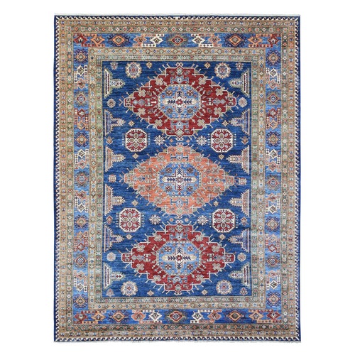 Denim Blue, Dense Weave Soft and Shiny Wool Hand Knotted, Afghan Super Kazak with Serrated Medallions Design Natural Dyes, Oriental Rug