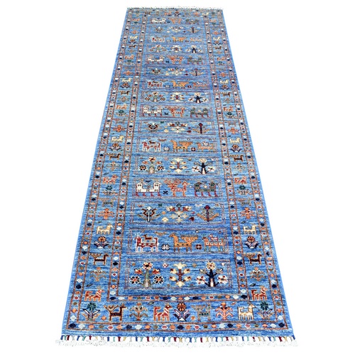 Denim Blue, Afghan Super Kazak with Ancient Animal Figurines Design, Natural Dyes Dense Weave Pure Wool Hand Knotted, Runner Oriental 