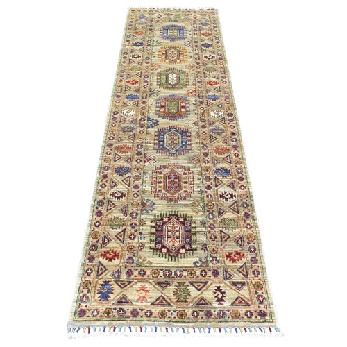 Beige, Hand Knotted Afghan Super Kazak with Tribal Medallions Design, Natural Dyes Densely Woven Organic Wool, Runner Oriental Rug