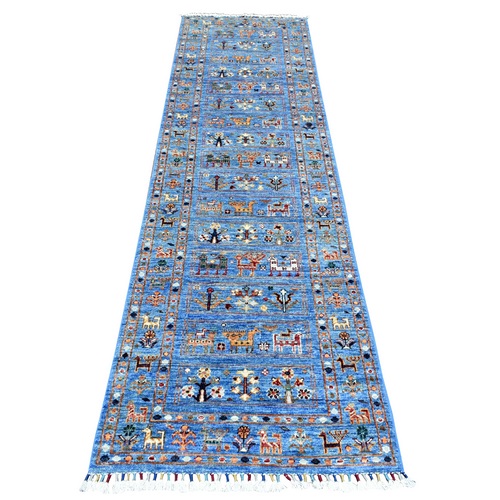 Denim Blue, Densely Woven Soft Organic Wool Hand Knotted, Afghan Super Kazak with Ancient Animal Figurines Design Natural Dyes, Runner Oriental Rug