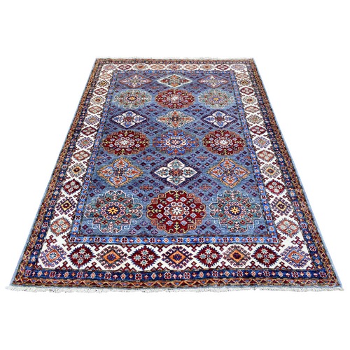 Light Blue Hand Knotted Dense Weave Soft and Velvety Wool, Afghan Super Kazak with Geometric Medallions Design Natural Dyes Oriental Rug