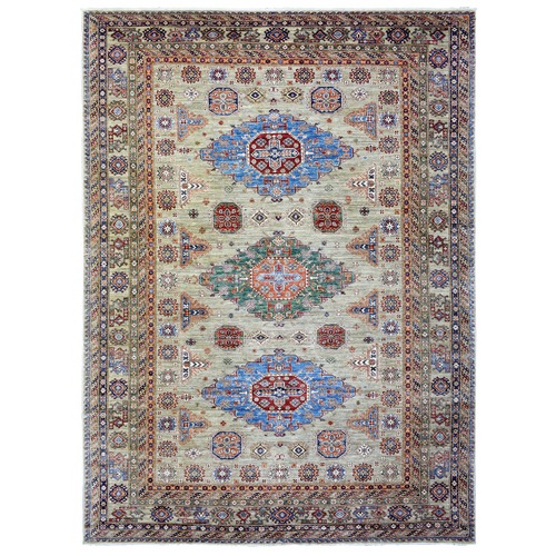 Taupe Afghan Super Kazak with Geometric Medallions, Natural Dyes Densely Woven, Velvety Wool Hand Knotted, Oriental Rug