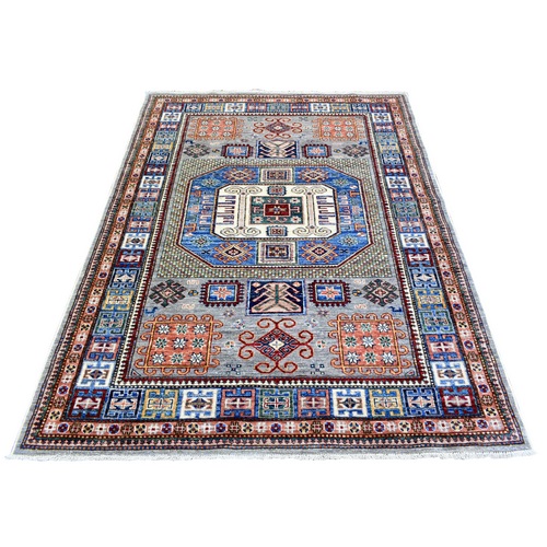 Gray-Blue, Densely Woven Velvety Wool Hand Knotted, Afghan Super Kazak with Tribal Medallions Natural Dyes, Oriental Rug