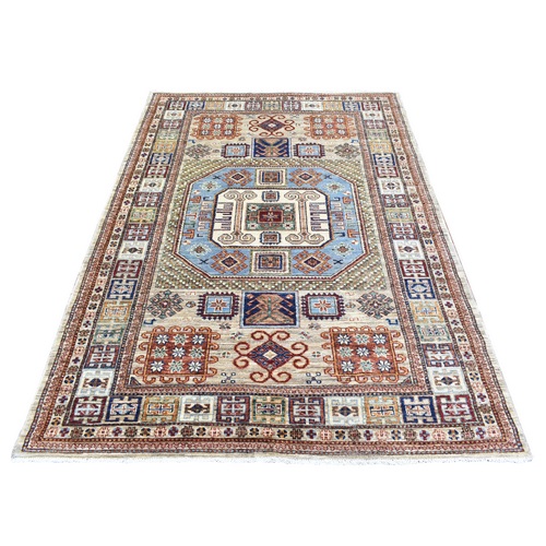 Taupe Afghan Super Kazak with Geometric Design, Hand Knotted Shiny and Vibrant Wool Oriental Rug