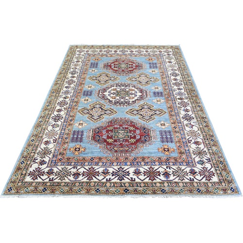 Light Blue, Afghan Super Kazak with Tribal Medallions, Densely Woven, Soft Wool Hand Knotted Natural Dyes Oriental Rug