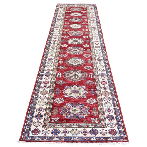 Rich Red Hand Knotted, Extra Soft Wool, Afghan Super Kazak with Geometric Medallions, Natural Dyes Runner Oriental Rug