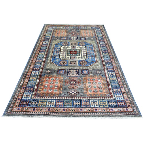 Light Gray Afghan Super Kazak with Tribal Medallions Natural Dyes, Densely Woven Pure Wool Hand Knotted, Oriental Rug