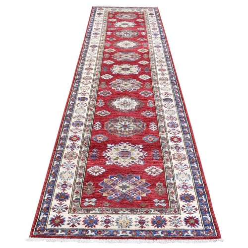 Rich Red, Hand Knotted Afghan Super Kazak with Geometric Medallions, Natural Dyes Extra Soft Wool Runner Oriental Rug