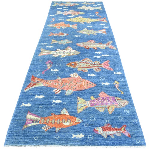 Denim Blue, Pure Wool Hand Knotted, Afghan Peshawar with Colorful Oceanic Fish Design, Natural Dyes Densely Weave, Wide Runner Oriental 