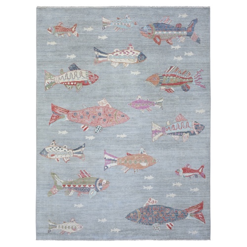 Light Gray, Densely Woven Soft Wool Hand Knotted, Afghan Peshawar with Colorful Oceanic Fish Design Natural Dyes, Oriental Rug