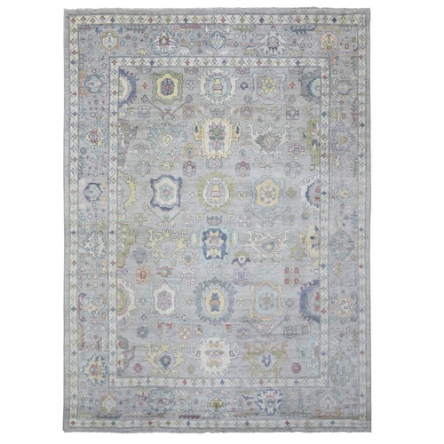 Silver-Gray, Soft to the Touch Wool Pile, Hand Knotted, Afghan Angora Oushak with Soft Color Leaf Design, Natural Dyes Oriental Rug