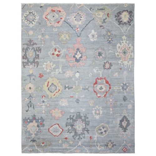 Light Gray Hand Knotted Afghan Angora Oushak with Colorful Floral Pattern, Natural Dyes Pure Wool Borderless Oriental Rug