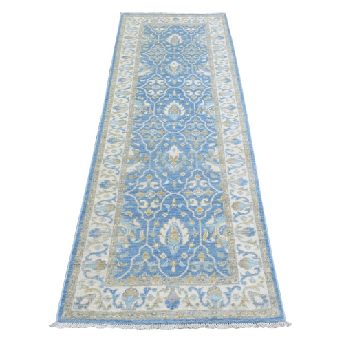 Light Blue, Fine Peshawar with Ziegler Mahal Design, Natural Dyes Densely Woven, Velvety Wool Hand Knotted, Runner Oriental Rug