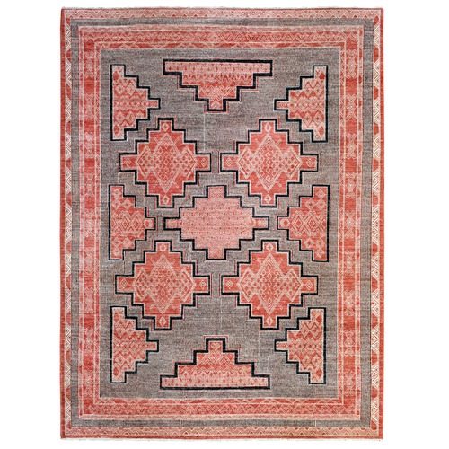 Brick Red, Extra Soft Wool Hand Knotted, Fine Peshawar with Berber Motifs Dense Weave, Oriental Rug