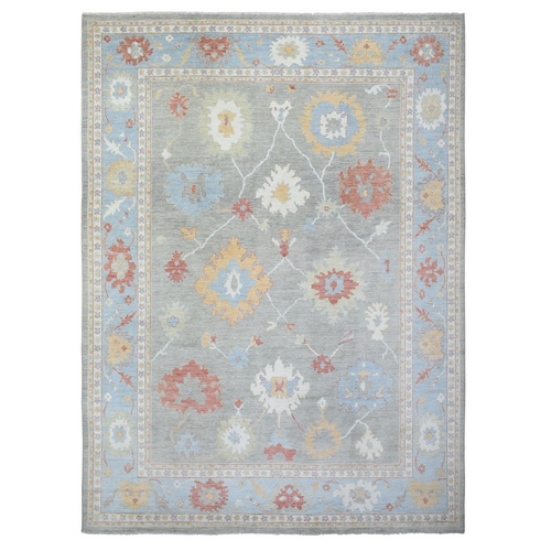 Light Gray Hand Knotted Afghan Angora Oushak with Colorful Floral Pattern, Natural Dyes Pure Wool, Oversized Oriental 