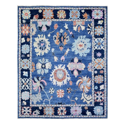Denim Blue Hand Knotted Afghan Angora Oushak with Colorful Floral Pattern, Natural Dyes Pure Wool, Oriental 