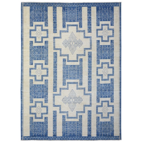 Navy Blue, Fine Peshawar with Intricate Geometric Motifs Dense Weave, Extra Soft Wool Hand Knotted, Oriental Rug