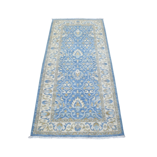 Light Blue, Hand Knotted Fine Peshawar with Ziegler Mahal Design, Natural Dyes Densely Woven, Soft Organic Wool, Runner Oriental 
