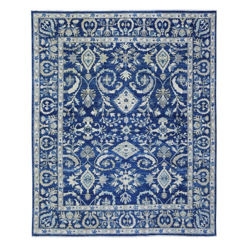 Denim Blue, Soft and Shiny Wool Hand Knotted, Fine Peshawar with Ziegler Mahal Design, Natural Dyes Dense Weave, Oriental Rug