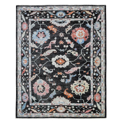 Charcoal Black Hand Knotted Afghan Angora Oushak with Colorful Floral Pattern, Natural Dyes Pure Wool, Oriental 