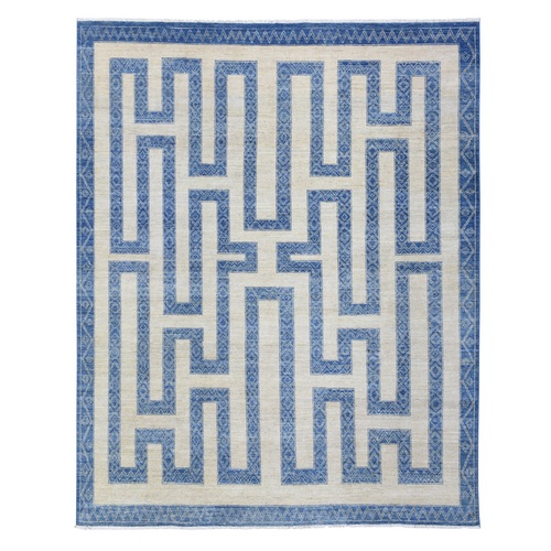 Denim Blue, Fine Peshawar with Intricate Geometric Motifs Maze Design Dense Weave, Soft and Shiny Wool Hand Knotted, Oriental Rug