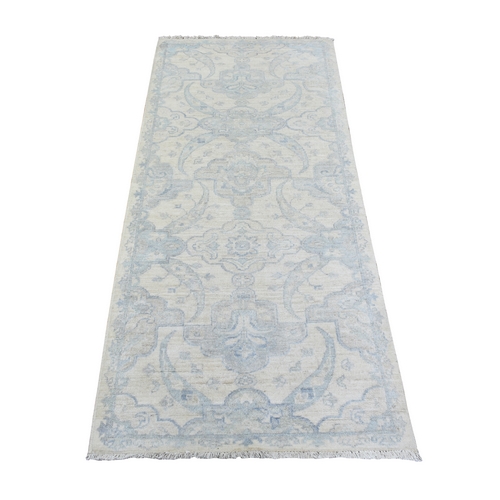 Ivory, White Wash Peshawar with Large Floral Motifs, Natural Dyes Extra Soft Wool Hand Knotted, Runner Oriental Rug