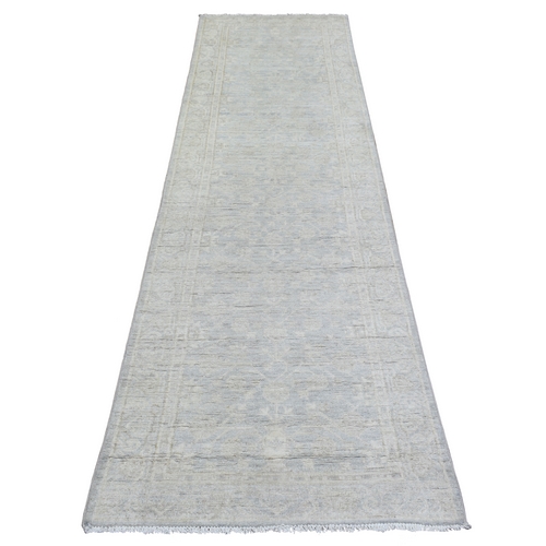 Silver Blue, Hand Knotted Washed Out Peshawar with All Over Design, Natural Dyes Soft and Shiny Wool, Runner Oriental 