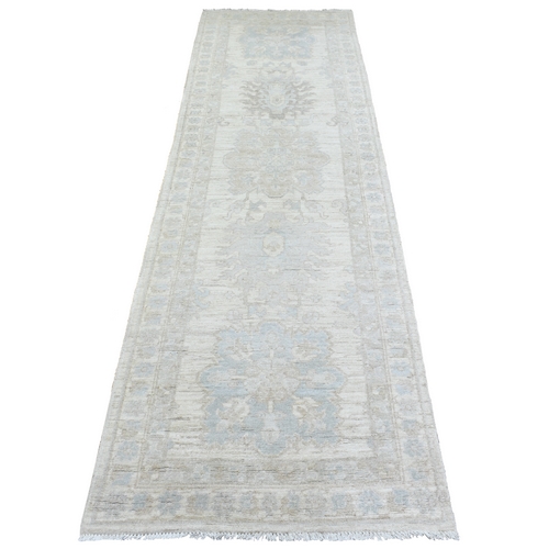 Ivory, White Wash Peshawar with Large Motifs, Pure Wool Hand Knotted, Runner Oriental 