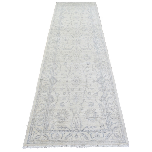 Ivory, Hand Knotted White Wash Peshawar with All Over Flower Design, Natural Dyes Velvety Wool, Runner Oriental 