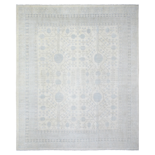 Ivory, Soft and Velvety Wool Hand Knotted, White Wash Peshawar with Samarkand Design Natural Dyes, Squarish Oriental Rug