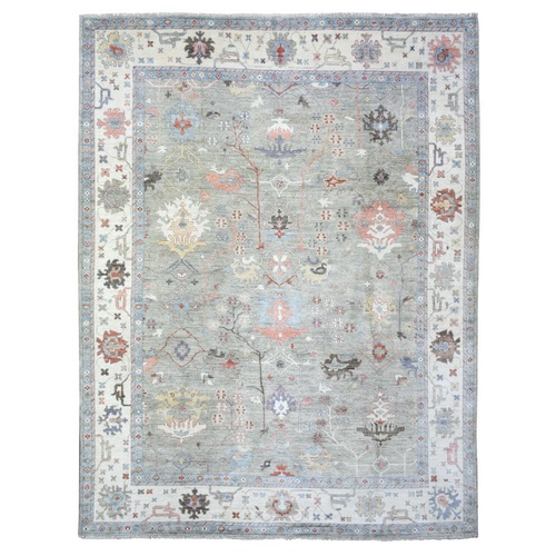 Gray Afghan Angora Oushak with Colorful Motifs Natural Dyes, Soft Wool Hand Knotted, Oriental 