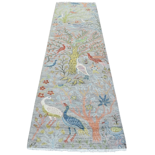 Light Gray, Natural Wool Hand Knotted, Afghan Peshawar with Birds of Paradise Design Natural Dyes, Runner Oriental Rug