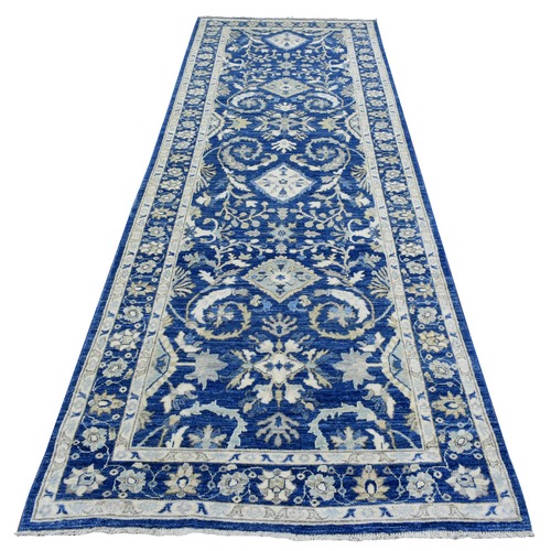 Navy Blue, Fine Peshawar with Ziegler Mahal Design, Natural Dyes Dense Weave, Soft and Velvety Wool Hand Knotted, Wide Runner Oriental Rug