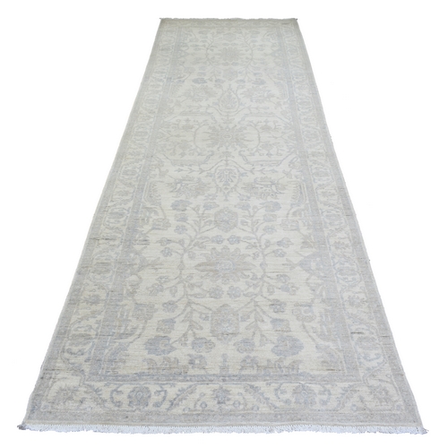 Ivory, Hand Knotted White Wash Peshawar with All Over Leaf Design, Natural Dyes Extra Soft Wool, Wide Runner Oriental 