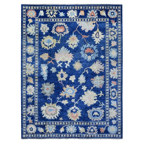 Navy Blue Afghan Angora Oushak with Colorful Floral Pattern, Natural Dyes Pure Wool, Oriental Hand Knotted 